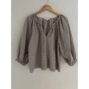 Emerson Fry Rakel Blouse Peasant Balloon Sleeve Gingham Coffee CottageCore Sz M